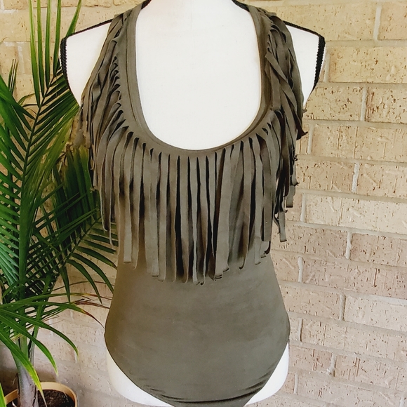 Charlotte Russe Tops - Charlotte Russe bodysuit small olive green fringe boho